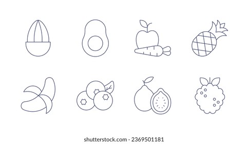 Fruits icons. Editable stroke. Containing almond, avocado, banana, blueberry, fruit, guava, pineapple, raspberry.