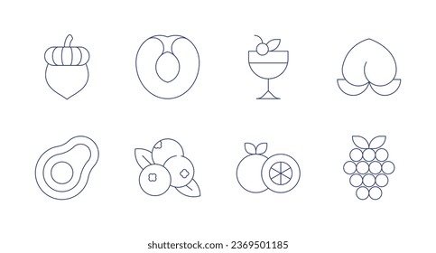 Fruits icons. Editable stroke. Containing acorn, apricot, avocado, berries, fruit juice, grapefruit, peach, raspberry.