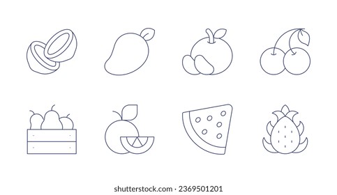 Fruits icons. Editable stroke. Containing cherry, coconut, dragon fruit, fruit, mango, orange, tangerine, watermelon.