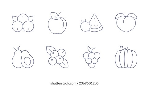 Fruits icons. Editable stroke. Containing acai, apple, avocado, berries, fruit, grape, peach, pumpkin.