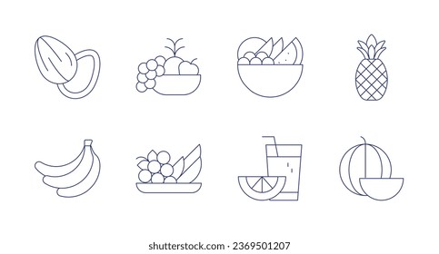 Fruits icons. Editable stroke. Containing almond, banana, fruit, fruits, juice, pineapple, watermelon.