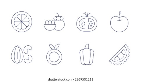 Fruits icons. Editable stroke. Containing cherry, durian, lemon, mangosteen, nuts, passion fruit, pumpkin, tomato.