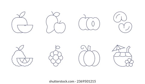 Fruchtsymbole. Bearbeitbarer Strich. Mit Apfel, Bergamotte, Cashew, Kokoswasser, Obst, Traube, Pfirsich, Kürbis.