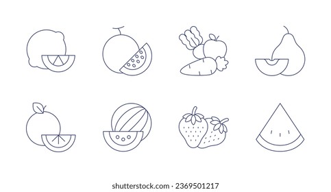 Iconos de frutas. Trazo editable. Con pera blanca china, cal, melón, naranja, fresa, verduras, sandía.