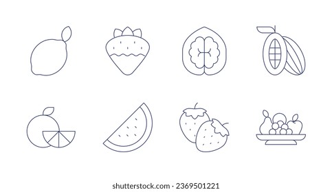 Fruits icons. Editable stroke. Containing cocoa, fruit, lime, orange, strawberry, walnut, watermelon.