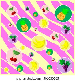 Fruits icons mosaic made in flat design on the pink background with light yellow frame and waves