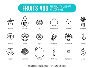 Fruits Icons – Pack vol 06 has eighteen types of fruits and names. Trendy vector symbols suitable for grocery website, supermarket apps and UI kit