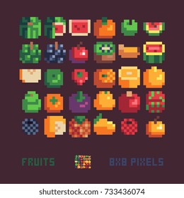 fruits icons set, 8x8 resolution, pixel art style, vector illustration isolated on dark color background