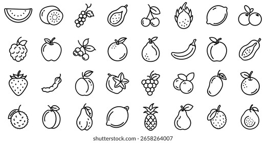 Ícones de fruta. Conjunto de ícones lineares pretos de frutas e bagas. Símbolos de frutas e bagas. Ilustração vetorial