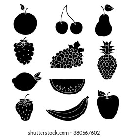 Fruits icons set black silhouettes isolated on white background