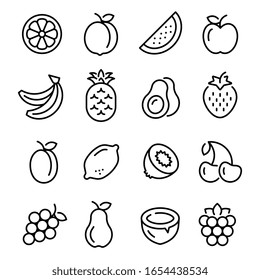 Fruits icons set. Collection of linear web icons, such as pineapple, banana, kiwi, orange, pear and others different fruits. Editable vector stroke.