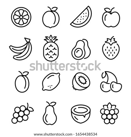 Fruits icons set. Collection of linear web icons, such as pineapple, banana, kiwi, orange, pear and others different fruits. Editable vector stroke.