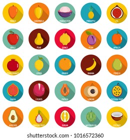 Fruits icons set. Flat illustration of 25 fruits vector icons circle isolated on white