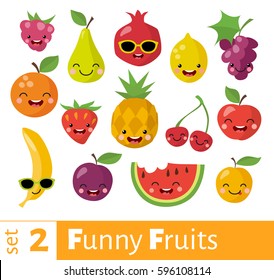 Fruits icons set in flat style.  Smiling food icons. Food infographic. Healthy food