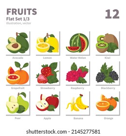 Fruits icons set, Flat, vector and illustration set 1