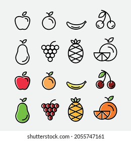 Fruits icons set. Fruit vector. Apple, orange, pineapple, banana, cherry, grape, mandarin and pear line art vectors