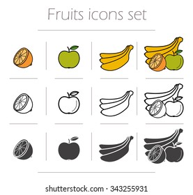 Fruits icons set. Green color apple with leaf. Banana black silhouette illustration. Half orange linear symbol. Fruits still life. Vector