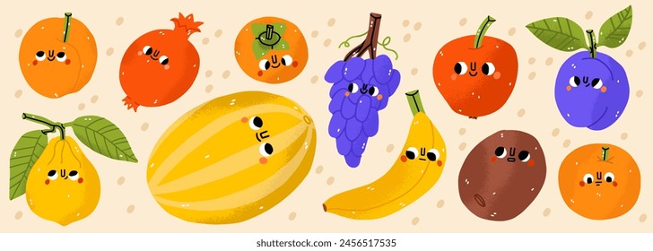 Fruits icons set: lemon, orange, apple, kiwi, grapes, pomegranate. Hand-drawn cartoon doodle in simple naive style. Cute fruit with eyes on a white background. All elements are isolated