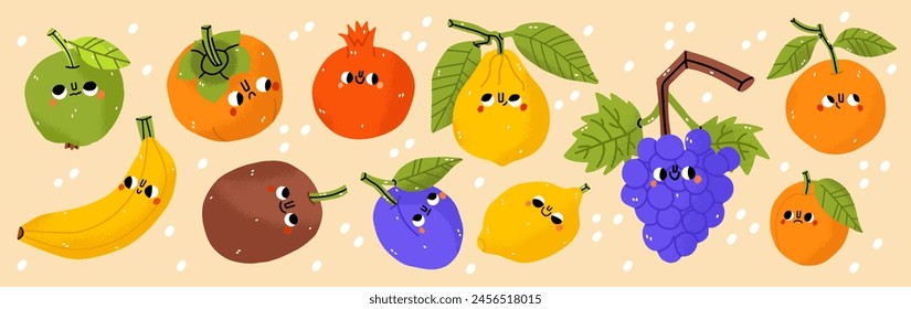 Fruits icons set: lemon, orange, apple, kiwi, grapes, pomegranate. Hand-drawn cartoon doodle in simple naive style. Cute fruit with eyes on a white background. All elements are isolated