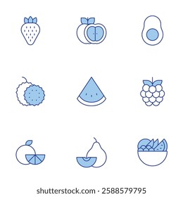 Fruits icons set. Line Duotone style, editable stroke. apple, avocado, chinese white pear, fruits, orange, raspberry, soursop, strawberry, watermelon.