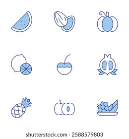Fruits icons set. Line Duotone style, editable stroke. almond, cherry, fruits, lemon, peach, pineapple, pomegranate, pumpkin, watermelon.