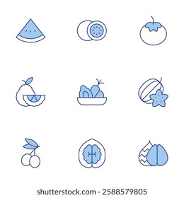 Fruits icons set. Line Duotone style, editable stroke. bergamot, fruits, lemon, olive, snake fruit, star fruit, tomato, walnut, watermelon.