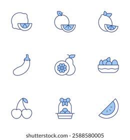 Fruits icons set. Line Duotone style, editable stroke. cherry, eggplant, fruit, fruits, lemon, lime, orange, watermelon.