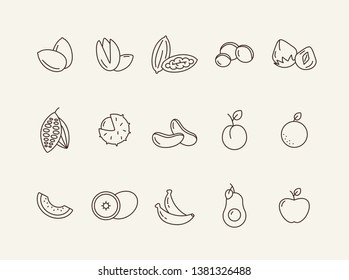 Fruits icons. Set of line icons on white background. Peach, apple, banana. Food concept. Vector illustration can be used for topics like vitamin, healthy eating, dieting