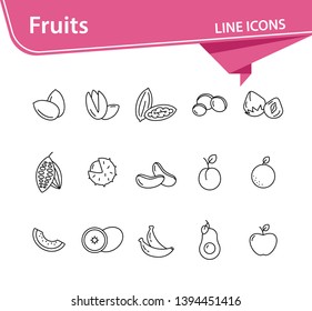 Fruits icons. Set of line icons on white background. Peach, apple, banana. Food concept. Vector illustration can be used for topics like vitamin, healthy eating, dieting