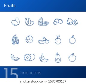 Fruits icons. Set of line icons on white background. Peach, apple, banana. Food concept. Vector illustration can be used for topics like vitamin, healthy eating, dieting