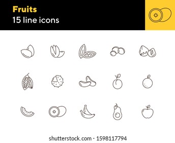 Fruits icons. Set of line icons on white background. Peach, apple, banana. Food concept. Vector illustration can be used for topics like vitamin, healthy eating, dieting