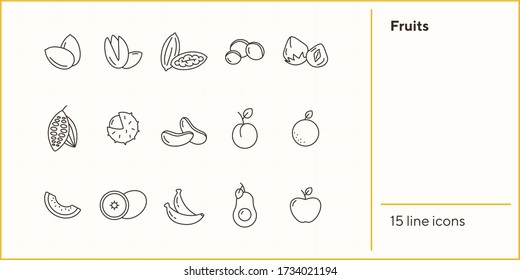 Fruits icons. Set of line icons on white background. Peach, apple, banana. Food concept. Vector illustration can be used for topics like vitamin, healthy eating, dieting
