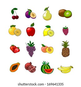 Fruits icons set of orange grape apple strawberry kiwi pineapple cherry isolated vector illustration