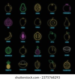 Fruits icons set. Outline illustration of 25 fruits vector icons neon color on black