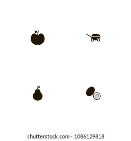 Fruits icons set. pear, tree, wheelbarrow and kiwi