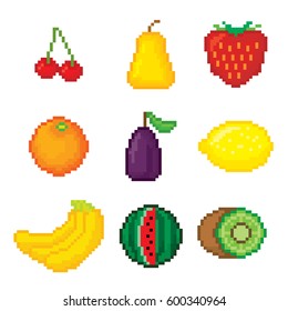 Fruits icons set. Pixel art. Old school computer graphic style. Games elements.