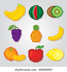 Fruits icons set. Pixel art. Old school computer graphic style. Games elements.