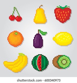 Fruits icons set. Pixel art. Old school computer graphic style. Games elements.