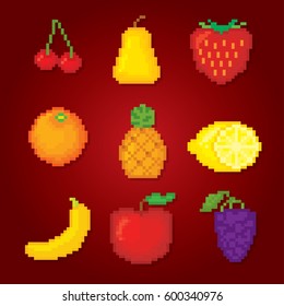 Fruits icons set. Pixel art. Old school computer graphic style. Games elements.