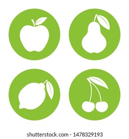 Fruits icons set. Fruits signs in the circle isolated on white background. Symbol apple, pear, lemon, cherry with leafs. Vector illustration