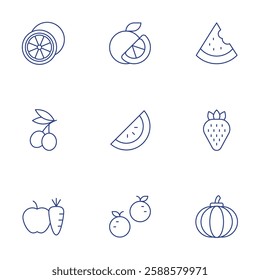 Fruits icons set. Thin Line style, editable stroke. fruit, nutrition, olive, orange, pumpkin, strawberry, watermelon.