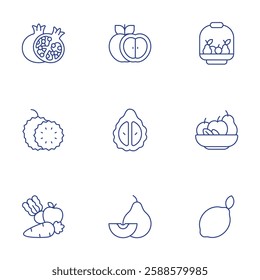 Fruits icons set. Thin Line style, editable stroke. apple, bergamot orange, chinese white pear, fruit, fruits, lime, pomegranate, soursop.