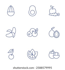 Fruits icons set. Thin Line style, editable stroke. almond, avocado, banana, blueberry, cherry, fruit, guava, lemon, mangosteen.