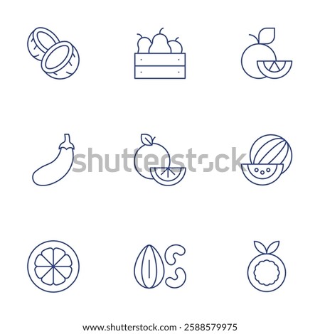 Fruits icons set. Thin Line style, editable stroke. coconut, dry, eggplant, fruit, nuts, orange, passion fruit, watermelon.