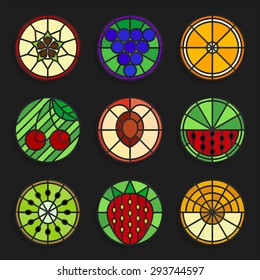 Fruits icons in stained glass style. Round shape. Stock vector illustration.