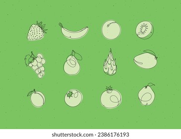 Fruits icons strawberry, banana, apricot, kiwi, grapes, pear, dragon fruit, mango, peach, blueberry, pomegranate, quince drawing in linear style on green background