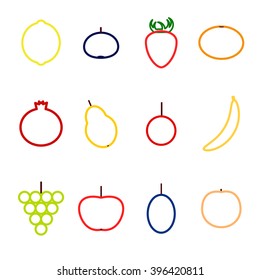 Fruits icons. Thin line flat style. Vector illustration. Pomegranate, tangerine, plum, grapes, strawberry, banana, lemon, pear, bilberry. Healthy eating.