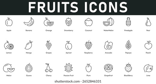 Fruits Icons ilustração vetorial com linha fina traço editável contendo cereja goiaba melão pera banana maçã laranja morango coco abacaxi toranja limão pêssego damasco uvas.