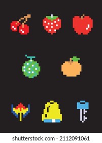 Fruits Icons From Video Game Vector Pixel Illustration 