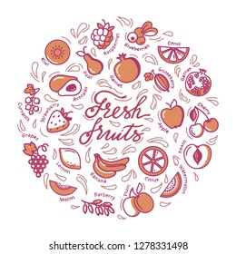 Fruits illustration. Circle frame with fruit icons. Concept illustration for groceries, agriculture stores, packaging and advertising.